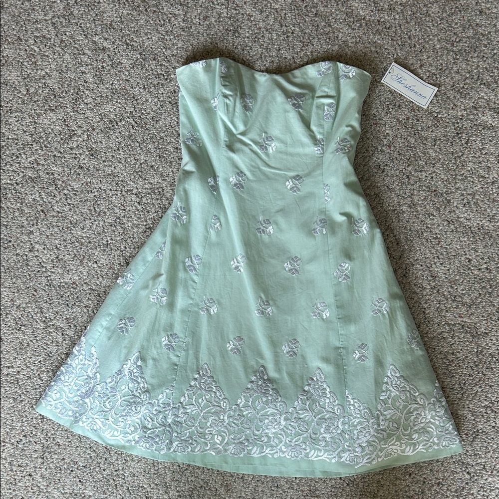 Shoshanna Mint Strapless Embroidered A-Line Dress